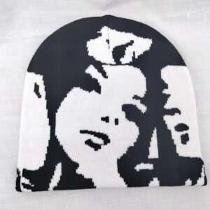 Black and White Beanie with Knitting Jacquard, Woman Face Design Double Side Knitted Hat