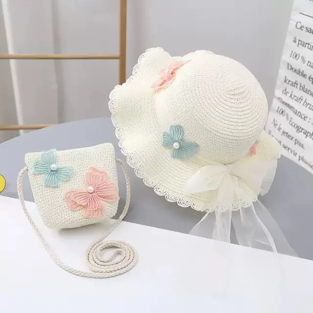 Hot Sell Kids Straw Hat And Bag Wholesale Wide Brim Summer Beach Straw Hat Bag For Girl